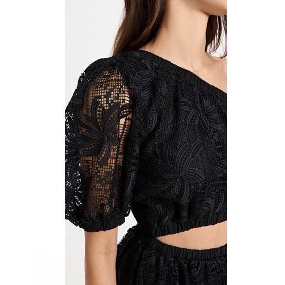 Waimari Jade Midi Dress S Black One Puff Shoulder Sheer Cutout Eyelet Lace NWT - Picture 2 of 16